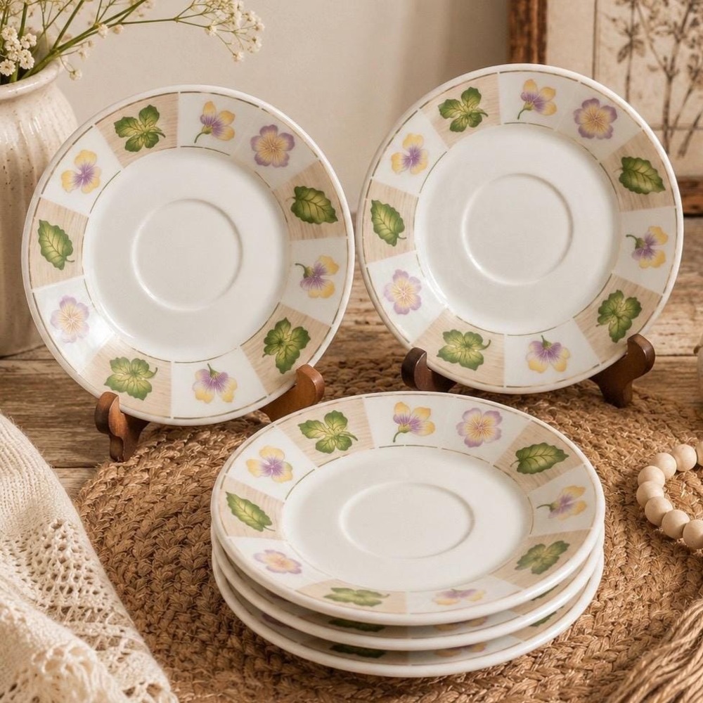 5 VTG Sakura Majesticware Dried Flowers Saucers 6"Floral Stoneware Tea Coffee